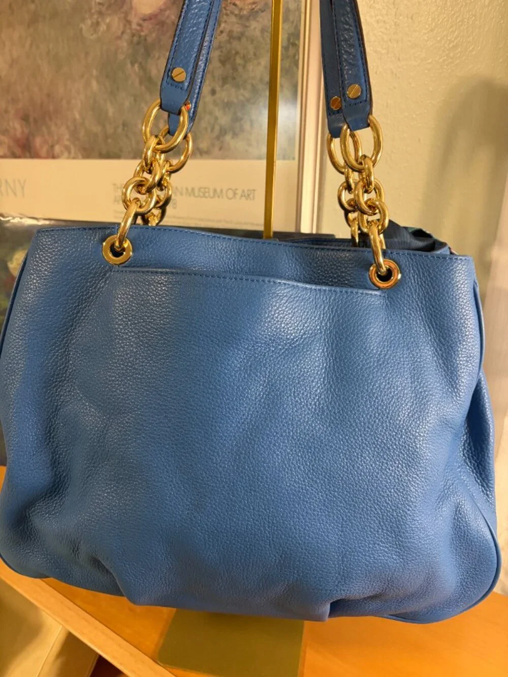 Michael Kors Fulton Large Chain Shoulder Tote Blue EUC